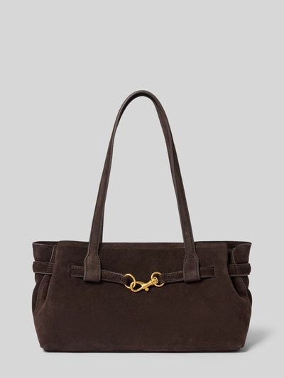 Produktfoto, Handtasche aus echtem Leder mit Zier-Applikation von MANGO in Dunkelbraun mit goldener Schnalle, glatte Textur, abgerundete Rechteckform, Maße 37x18x11 cm, Schulterriemen 58 cm, Hauptfach mit Magnetverschluss, Innenfach mit Reißverschluss