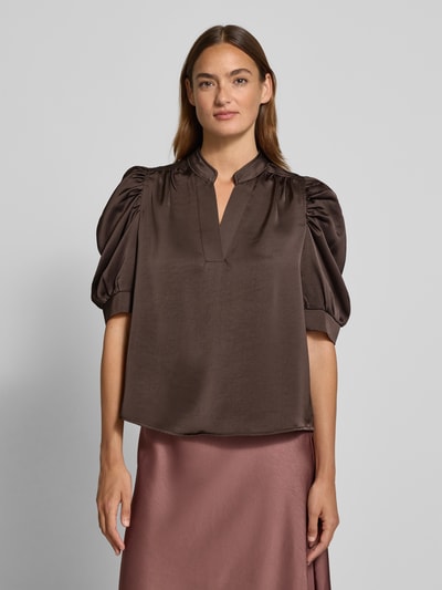 Neo Noir Blouseshirt van satijn met mix van viscose en wol model 'Roella' Donkerbruin - 4