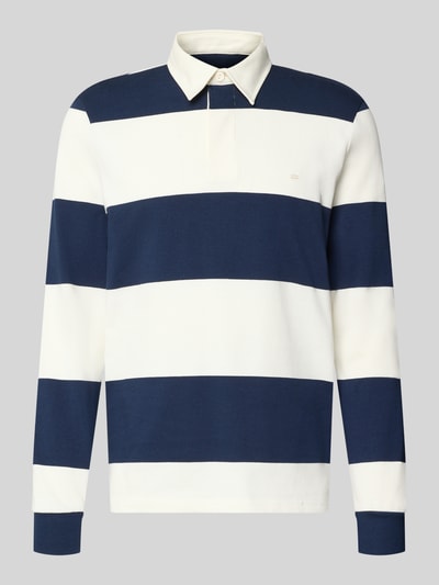 Produktfoto, Poloshirt aus reiner Baumwolle von Christian Berg Men, blau-weiß gestreift, lockere Passform, elastische Ärmelbündchen, Abdeckleiste