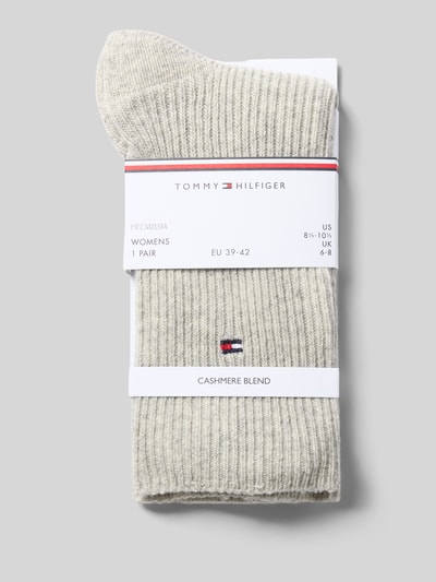 Produktfoto, cremefarbene Socken mit Woll-Anteil von Tommy Hilfiger, feine Rippstruktur, Label-Logo, Damen Socken von Tommy Hilfiger