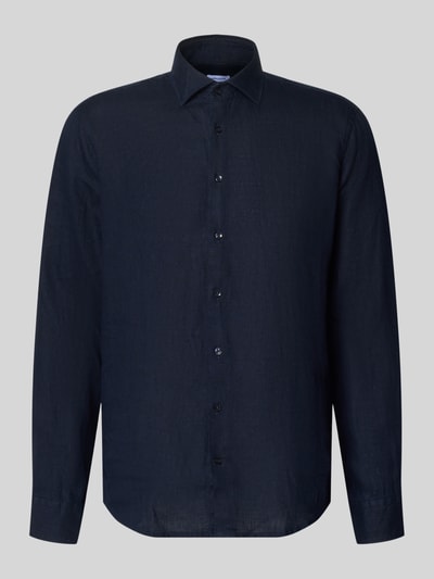 Produktfoto, Regular Fit Business-Hemd aus Leinen mit Kentkragen von SEIDENSTICKER, dunkelblau, glatte Textur, Knopfleiste, Herren