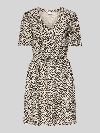 Produktfoto, Minikleid aus Viskose mit kurzer Knopfleiste Modell 'GRACE' von Vila, Taillierter Schnitt, V-Ausschnitt, Bindegürtel, cremefarben mit schwarzen Punkten