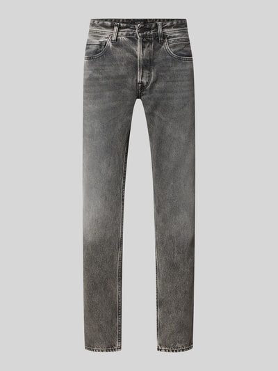 Productfoto, Slim Fit Jeans in 5-pocket-design model 'Grover' van Replay, grijs met licht vervaagde details, katoen, knoop- en ritssluiting.