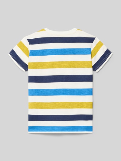 Produktfoto, Kinder T-Shirt aus Baumwolle im Allover-Look von Blue Seven mit gelb-blau-weißen Streifen, Regular-Fit, Brusttasche, Rundhalsausschnitt, Rückenlänge bei Größe 116: 47 cm