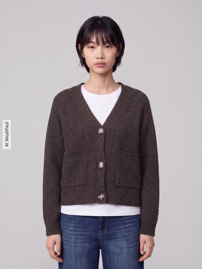 Frauenmodel trägt Oversized Strickjacke mit Woll-Anteil Modell 'BOOM' von VERO MODA in Dunkelbraun, grobe Stricktextur, Ganzkörperansicht von vorne, KI-modifiziertes Bild.