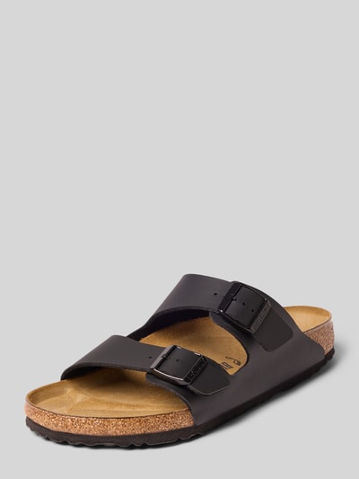 Produktfoto, huisschoen in leerlook met afgeronde pasvorm, open hiel, logodetail en birko-flor, model 'ARIZONA' van Birkenstock, hakhoogte 3 cm bij maat 44, normale voetwijdte