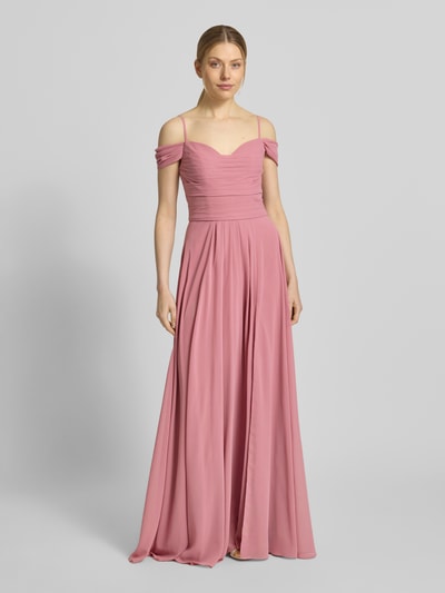 Modelka kobieca nosi Maxikleid im Off-Shoulder-Look mit Gehschlitz od Mascara, różowy, A-linia, drapowania, rozcięcie, długość pleców 128 cm, szerokość w rozmiarze 36: 33 cm, widok całej sylwetki z przodu.