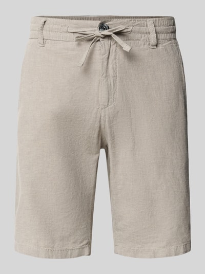 Produktfoto, Bermudas aus Leinen-Mix mit französischen Eingrifftaschen von Lindbergh, sandfarben, Leinen-Baumwoll-Mix, Straight Fit, elastischer Bund mit Kordelzug, Knopf- und Reißverschluss, Gesäßtaschen, Bundweite 43 cm, Innenbeinlänge 24 cm bei Größe M, strukturierte Oberfläche