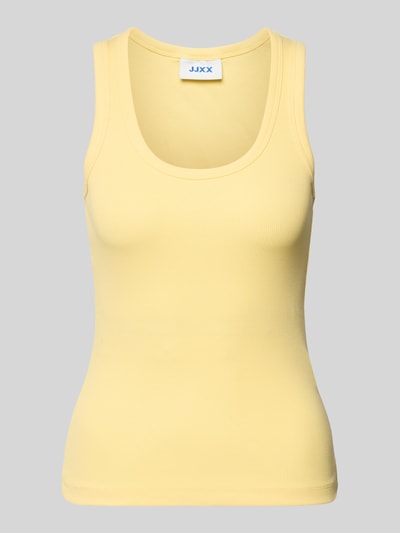 Produktfoto, top z mieszanki bawełny i elastanu, krój slim fit, efekt prążkowania, okrągły dekolt, model 'FRIDA' od JJXX, długość tyłu w rozmiarze S: 54 cm