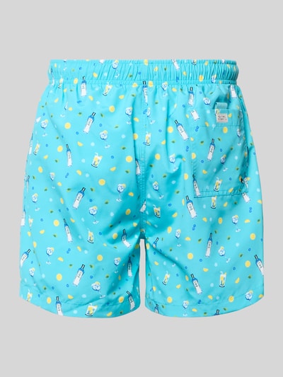Produktfoto, Badehose im Allover-Look mit elastischem Bund von MCNEAL in Türkis mit Zitronen- und Flaschenmotiven, Regular-Fit, Tunnelzug.