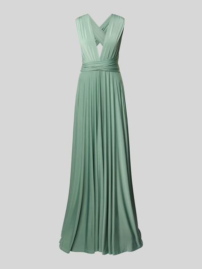 Produktfoto, Maxikleid mit tiefem V-Ausschnitt von Rose Avenue in sanftem Grün mit gekreuzten Trägern und Taillenband, fließender Stoff.