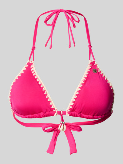 Produktfoto, top bikini z wiązaniem model 'ETHNICHIC NUCO' od Banana Moon, mieszanka materiałów z dodatkiem streczu, dopasowany krój, hafty, wiązanie na szyi, wiązanie, intensywny róż z jasnym obszyciem
