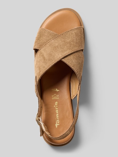 Produktfoto, Sandalen aus echtem Leder von Tamaris, Optik: Unifarben, Schuhspitze: Abgerundet, Absatzform: Blockabsatz, Label-Prägung, Verschluss: Dornschließe, Sohle: Strukturiert, Materialverarbeitung: Veloursleder, Material: Leder