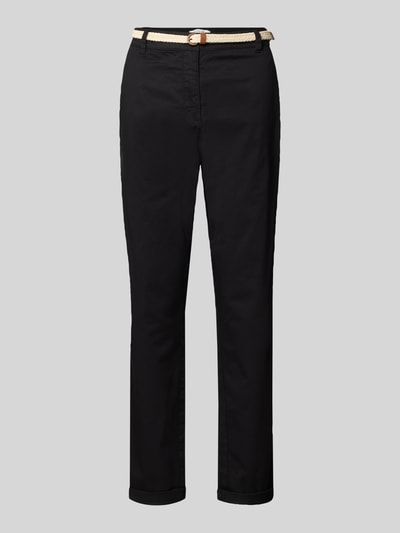 Produktfoto, Casual Fit Chino mit Baumwoll-Anteil von Christian Berg Woman in Schwarz, elastischer Baumwoll-Mix, Gürtel, verkürzt, Seiten- und Gesäßtaschen.