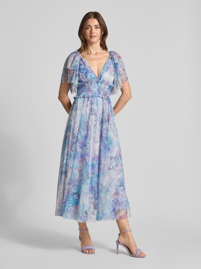 Lace & Beads cocktailjurk met smokdetails en V-hals Blauw - 1