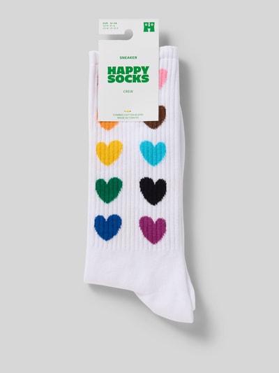 Produktfoto, Socken aus Baumwoll-Mix Modell 'Rainbow' von Happy Socks, weiße Ripp-Optik mit bunten Herzformen, Elastikbündchen.