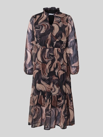 Produktfoto, Midikleid met V-hals model 'Za44raa' van ZABAIONE in A-lijn met laagjeslook, abstract bruin-beige patroon, structuur: luchtig