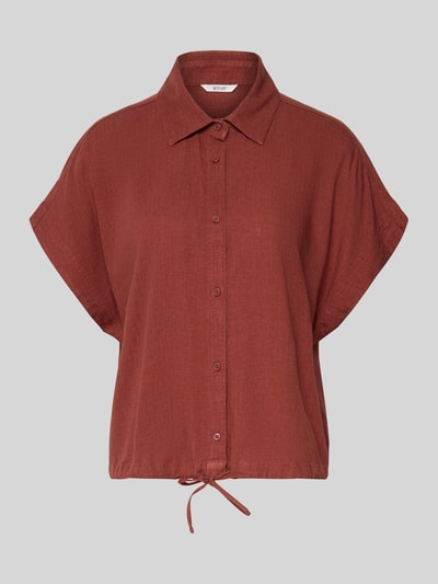 Produktfoto, Regular Fit Bluse aus Viskose-Leinen-Mix mit Tunnelzug von Mustang, model 'MUCE', mieszanka wiskozy i lnu, krój regular fit, kołnierzyk koszulowy, listwa guzikowa, tunel, długość tyłu w rozmiarze 36: 55 cm, kolor rdzawy, faktura lekko widoczna