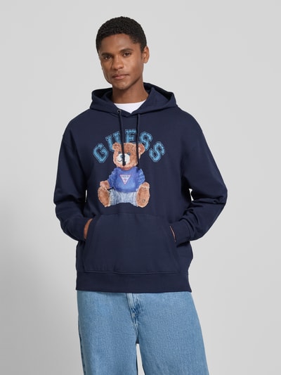 GUESS hoodie met labelprint en kangoeroezak Marineblauw - 4
