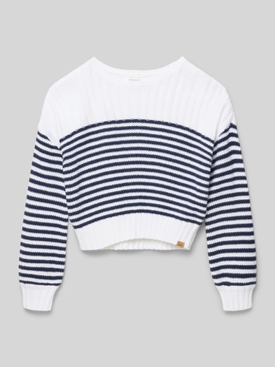 Produktfoto, Strickpullover mit Label-Detail Modell 'SLASH' von Abercrombie&Fitch, weiß-blau gestreift, Rippstruktur, Rundhalsausschnitt