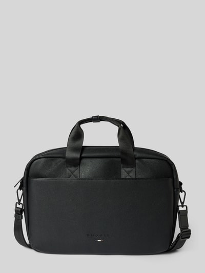 Produktfoto, Laptoptasche aus echtem Leder von bugatti, czarna strukturalna powierzchnia, uchwyt, odpinany pasek na ramię, wytłaczane logo, przegródki zewnętrzne, Szerokość w rozmiarze 1: 40 cm, Długość w rozmiarze 1: 28 cm, Głębokość w rozmiarze 1: 10 cm, Długość paska na ramię w rozmiarze 1: 100 cm