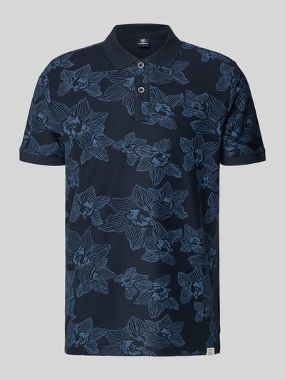 Produktfoto, Slim Fit Poloshirt mit floralem Allover-Print von Lerros in Dunkelblau mit Floraler-Print und Polokragen aus Reine Baumwolle, Kurzärmelig, Rückenlänge 72 cm bei Größe M.
