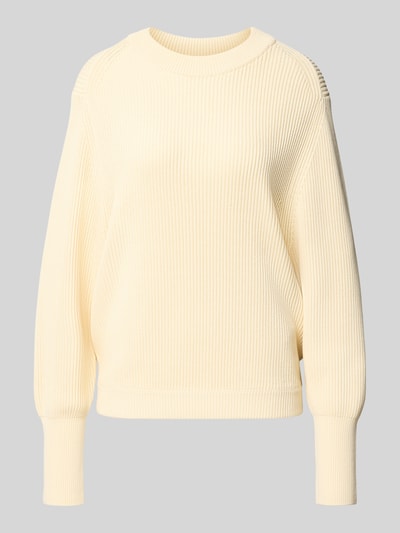 Produktfoto, Relaxed Pullover mit Viskose-Anteil von Victoria Beckham in Creme, Strick-Optik mit breiten elastischen Ärmelabschlüssen, Rundhalsausschnitt, Damen Pullover, Baumwoll-Mix, entspannte Passform, klare Struktur, glatte Textur
