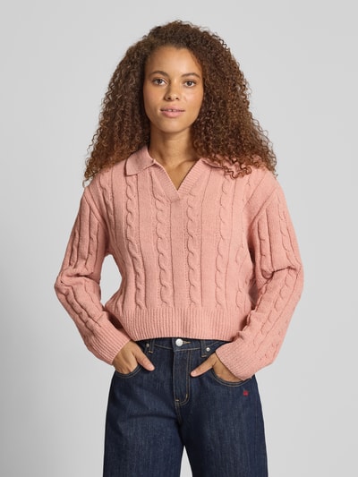 Review Sweter z dzianiny z dekoltem w serek i wykładanym kołnierzem Brudnoróżowy 4