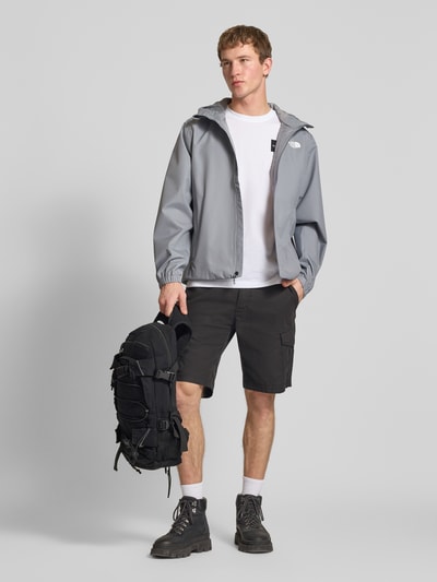 Männermodel trägt Jacke mit Kapuze von The North Face in Grau mit Reißverschlusstaschen, Regular Fit, Label-Print, Ganzkörperansicht von vorne.