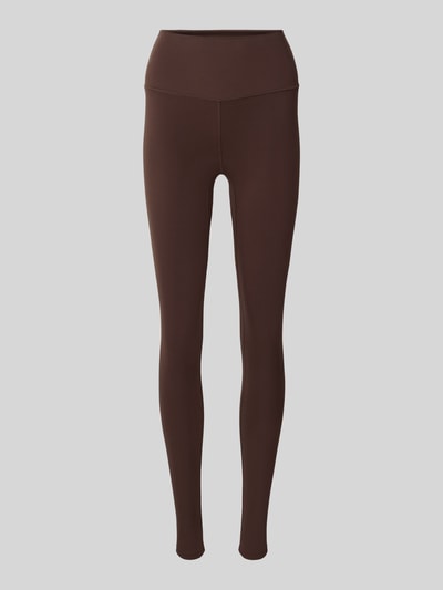 Produktfoto, Slim Fit Leggins mit Logo-Print Modell 'Freesoft' von VARLEY in Dunkelbraun, elastischer Material-Mix, glatte Oberfläche