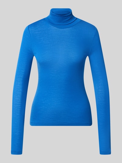 Produktfoto, felblauw shirt met lange mouwen van zuivere wol, nauwsluitend model, semi-transparante look, Col, Feines Rollkragenshirt aus Wolle van Style Icon Collection, ruglengte maat S: 59 cm