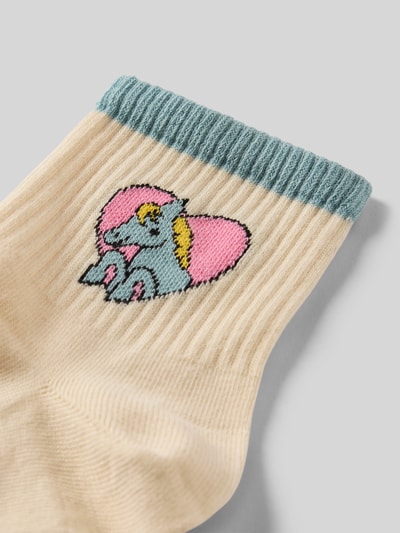 Produktfoto, Socken aus Baumwoll-Mix Modell 'LOVE PONY' von Happy Socks, cremefarbene Ripp-Optik, elastisches Bündchen, Label-Detail, pastellblaue und rosa Akzente