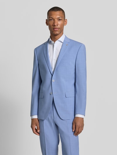 Männermodel trägt Sakko mit Pattentaschen und Reverskragen von HECHTER PARIS im Material-Mix mit Schafwolle-Anteil, Regular-Fit, Knopfverschluss, Brustleistentasche und Label-Detail, hellblaue Farbe, feine Struktur, Ganzkörperansicht von vorne. Rückenlänge 74 cm, Schulterbreite 41 cm, Ärmellänge 63 cm bei Größe 50.