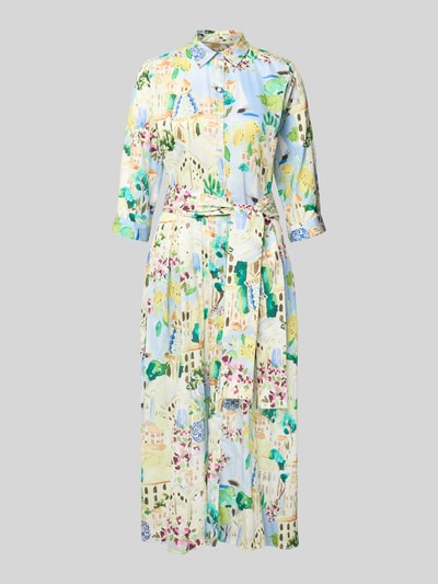 Produktfoto, Hemdblusenkleid mit Bindegürtel und Knopfleiste von Milano Italy aus Reine Baumwolle, Taillierter Schnitt, Midikleid, Hemdblusenkragen, Muster in Pastellfarben, weiche Textur, Rückenlänge 122 cm, Brustweite 40 cm, Ärmellänge 42 cm, Größe 36.