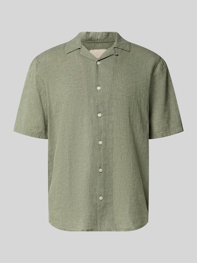 Produktfoto, Slim Fit Freizeithemd aus Baumwoll-Leinen-Mix Modell 'CAIDEN' von Only & Sons in Melange-Optik, kurzarm, grün, Reverskragen, einreihige Knopfleiste, Label Patch.