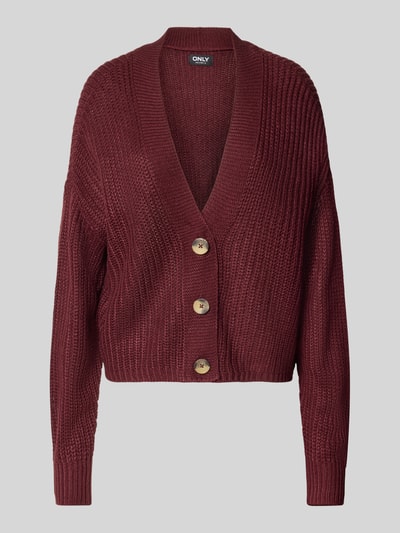 Produktfoto, boxy fit gebreid jack met v-hals model 'CAROL' van ONLY in bordeauxrood met grof ribpatroon, Dames Strickjacke von ONLY