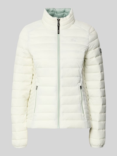 Produktfoto, gewatteerd jack met opstaande kraag, ritssluiting, gestikt logo, zij-ritszakken, recht model, model 'FUJI' van Superdry, dames, kleur licht crème, gladde textuur