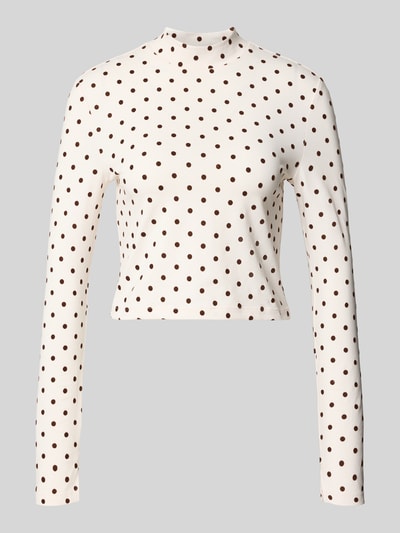Produktfoto, Cropped Longsleeve mit Polka Dots - curated by Mary Braun von Style Icon Collection in Weiß mit braunen Punkten, Stehkragen, Regular-Fit, Körpernahe Passform, Langärmelig, Rückenlänge bei Größe S: 42 cm.