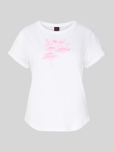 Produktfoto, T-shirt z nadrukiem z logo model 'DEBRA4' od FIRE + ICE, damski t-shirt z bawełny, krój regular fit, okrągły dekolt, długość tyłu w rozmiarze S: 58 cm, biel z różowym nadrukiem, gładka faktura