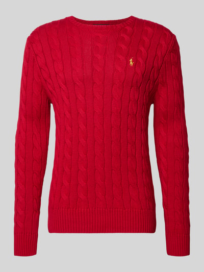 Produktfoto, rode Strickpullover met label-stitching van Polo Ralph Lauren, katoen, regular fit, geribde boorden, ronde hals, voorkant.