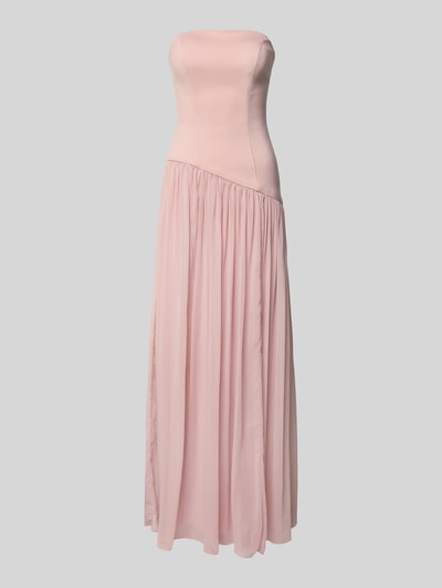 Produktfoto, Abendkleid in Falten-Optik von Unique in zartem Rosé, taillierte Passform, asymmetrisches Design, Maxilänge, schulterfrei, Rückenlänge bei Größe 36: 133 cm, Brustweite bei Größe 36: 37 cm, glatter Stoff mit fließender Textur