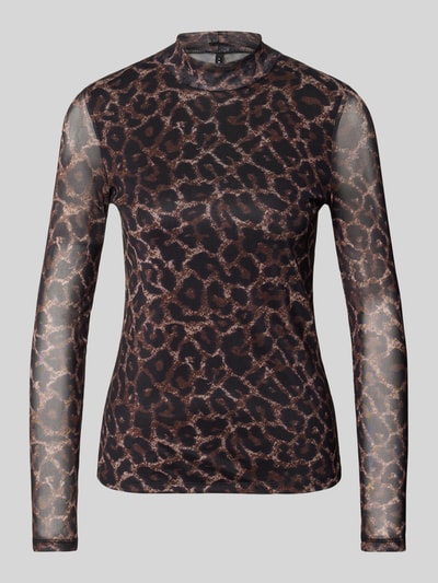 Produktfoto, Slim Fit shirt met lange mouwen van mesh met all-over hartjesmotief in bruintinten, hooggesloten hals, Model 'ERICA' van ONLY
