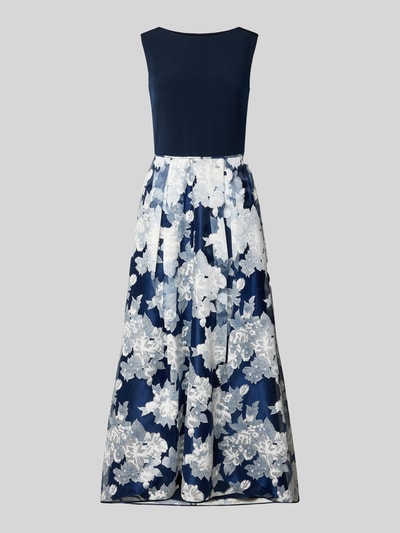Produktfoto, Abendkleid mit rückseitigem V-Ausschnitt von Christian Berg Cocktail, Dunkelblau mit weißem Blumenmuster, taillierter Schnitt, Maxikleid, Material-Mix mit Stretch-Anteil, U-Boot-Ausschnitt, Rückenlänge 130 cm, Brustweite 47 cm.