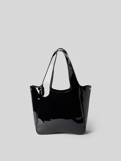Produktfoto, glänzend schwarze Tasche in geschwungener Form, Shopper mit Logo-Detail von Diesel, Magnetverschluss und Steckfach, 42x32x13 cm.
