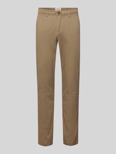 Produktfoto, Stoffhose mit Gesäßtaschen Modell 'MARCO' von Jack & Jones aus Baumwoll-Elasthan-Mix, Gerader Schnitt, beige, glatte Textur, französische Eingrifftaschen, Knopf- und Reißverschluss, Bundweite 45 cm, Innenbeinlänge 80 cm, Herren