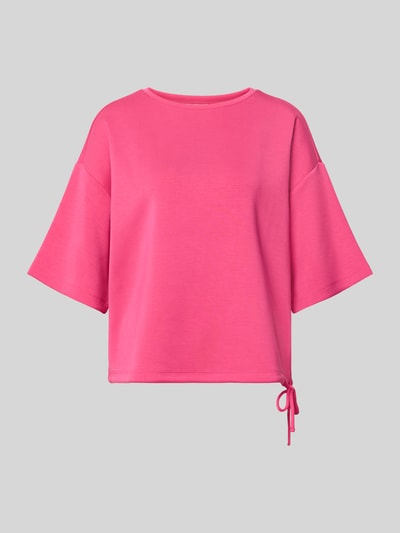 Produktfoto, Oversized Fit T-Shirt aus elastischem Material-Mix von Christian Berg Woman, damski t-shirt z elastycznej mieszanki materiałów, krój oversized fit, okrągły dekolt, tunel w dole z ozdobną kokardą, rękaw o dł. 1/2, intensywny różowy kolor, gładka tekstura