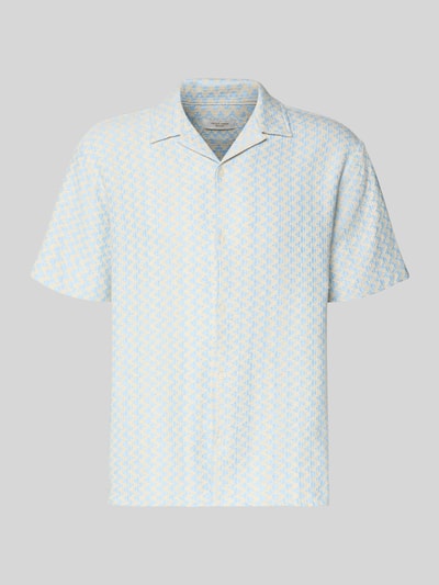 Produktfoto, Regular Fit Freizeithemd im Allover-Look Modell 'MONTAUK' von Jack & Jones, mieszanka bawełny, kołnierz z połami, listwa guzikowa, wzór na całej powierzchni, długość tyłu w rozmiarze M 71 cm, szerokość w rozmiarze M 50 cm, długość rękawów w rozmiarze M 22 cm, jasnoniebiesko-żółte odcienie, geometryczne kształty, tekstura tkaniny