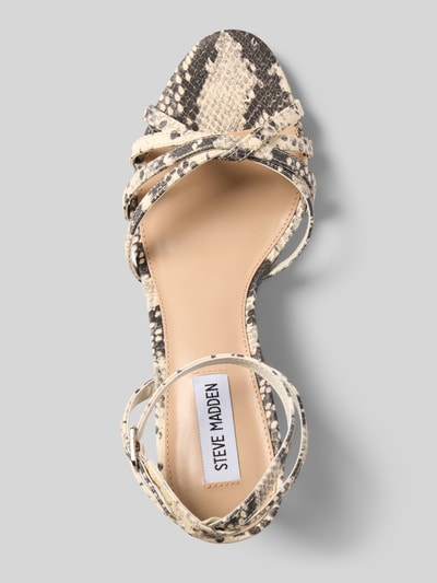 Produktfoto, Sandaletten mit Pfennigabsatz Modell 'Nile' von Steve Madden in Schlangenoptik, Abgerundete Passform, Offen, Absatzhöhe: 9 cm, Schafthöhe: 8 cm, Schaftweite: 6 cm.
