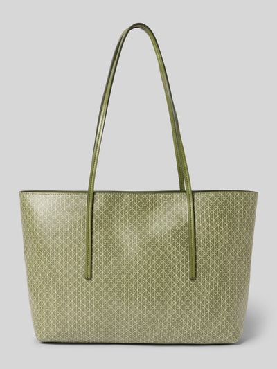 Produktfoto, Shopper mit Logo-Muster von CK Calvin Klein in Grün mit geometrischem Muster, Tragehenkel, herausnehmbare Pouch-Tasche, Maße 45x29x8 cm, Schulterriemen 61 cm, strukturierte Oberfläche.