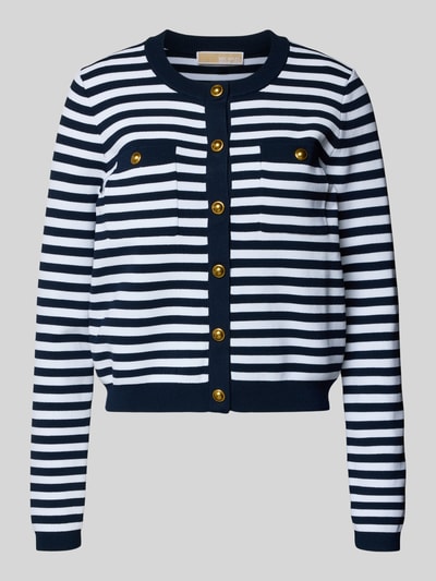 Produktfoto, Strickjacke mit Rundhalsausschnitt und Knopfleiste von MICHAEL Michael Kors, navy-weiß gestreift, Viskose-Mix, Regular Fit, goldene Knöpfe